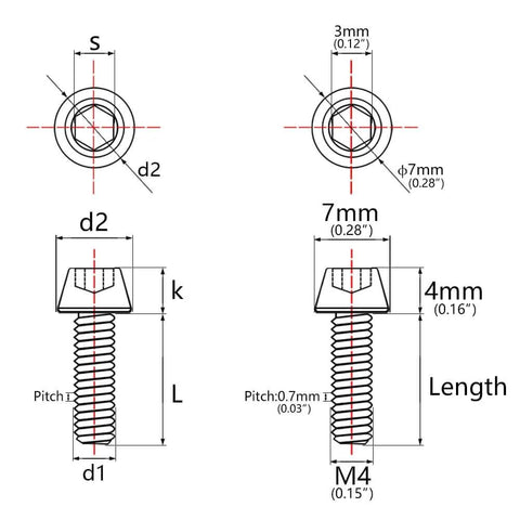 Diagram of Beefy Titanium M4 Bike Bolts Pack Of Six With Tapered Hex Heads DIN912 0.7mm Pitch 3mm Drive 7mm Head