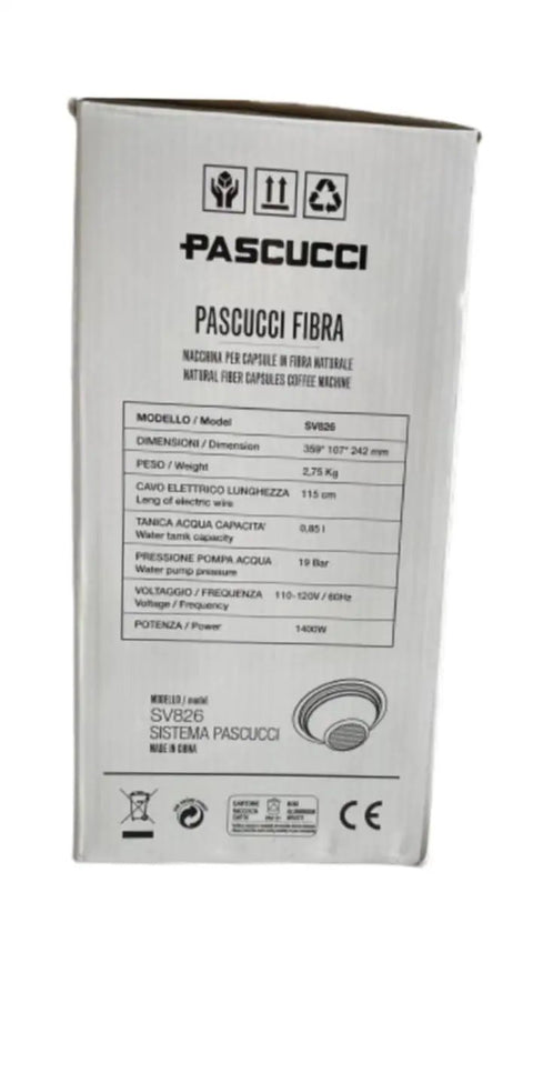Pascucci Fibra packaging showing model SV826 specifications for the Slick Super Automatic Espresso Coffee Machine With Integrated Capsule System And Compact Pump Design For Genuine Italian Fiber Pods And Heavy Duty No Hassle Daily Brew.