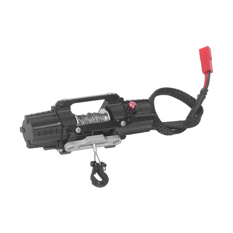 Premium Alloy RC Winch With Dual Motor For Axial Scx10 And D90 1/10 Crawlers, showing black alloy winch with aluminum hook and cable.
