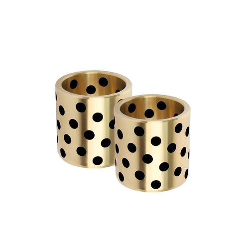 Flanged Steel And Copper Linear Bearing Sleeve Designed For CNC And 3D Printers Runs Slick As Butter With An Oil Free Graphite Core That Slides Perfectly And Cuts Down On Maintenance Hassles Today, two bronze sleeves with black dots.