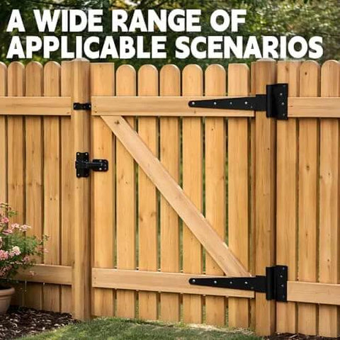 Wooden fence gate with Four Piece 12 Inch Heavy Duty Door Hinges In Wrought Iron For Shed Doors Barn Doors And Fence Gates Rust Resistant T Hinges