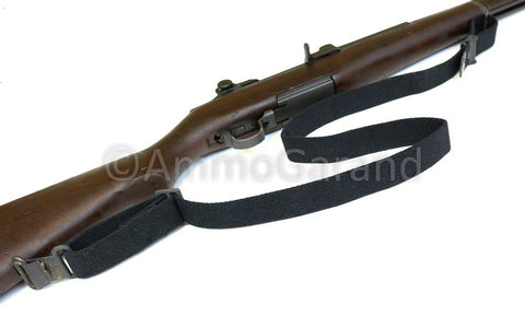 M1 Garand USGI Pattern Web Sling Two Point Black Cotton Made In USA attached to rifle with parkerized steel hardware