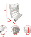 Trailer Door Cabinet Organizer With Flip Out Work Tray, Aluminum Garage Shop Storage System for Aerosols and Tools, shown with dimensions