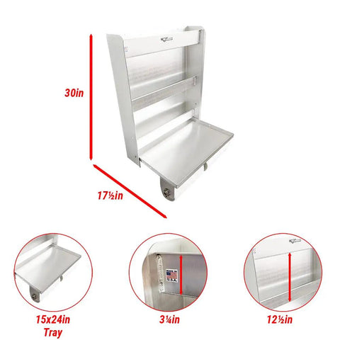 Trailer Door Cabinet Organizer With Flip Out Work Tray, Aluminum Garage Shop Storage System for Aerosols and Tools, shown with dimensions