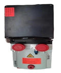 Heavy Duty Duo3 Vacuum Pump Delivers Kickass Suction With Dual Stage Build, red connectors, and warning labels, designed for auto shops.