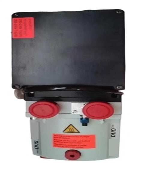 Heavy Duty Duo3 Vacuum Pump Delivers Kickass Suction With Dual Stage Build, red connectors, and warning labels, designed for auto shops.