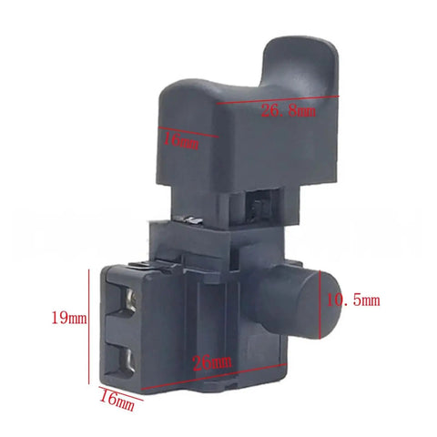 Easy One Hand Operation Chainsaw Switch For Small Electric Saws, Delivers Stable Current For Steady Power, Compact Plastic And Metal Build Built For Frequent Use, Replacement Part That Fits 4 Inch And 6 Inch Electric Chainsaws For Smooth Fuss Cutting. Compact black plastic-metal chainsaw switch, 26.8mm wide.