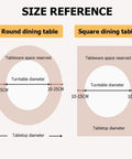 Size reference for Dope Large Glass Turntable For Dining Tables, showing round and square table measurements.