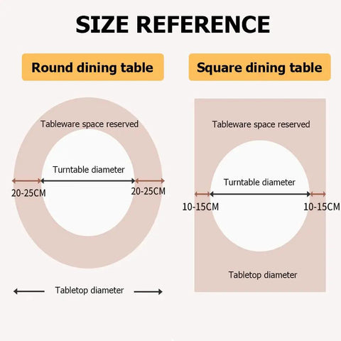 Size reference for Dope Large Glass Turntable For Dining Tables, showing round and square table measurements.