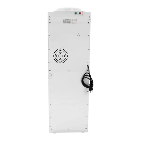Back view of 5 Gallon Top Load Water Cooler Dispenser With Hot And Cold Water For Home Or Office, white finish, freestanding unit and power cord
