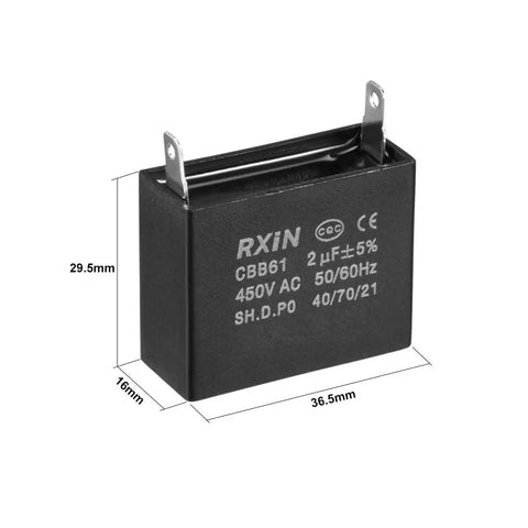Dope 2uF 450V AC Ceiling Fan Capacitor CBB61 Single Insert Metalized Polypropylene Film Low Loss Long Life Compact 36.5x16x29.5mm
