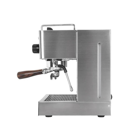 Top Shelf Electric Coffee Machine And Milk Frother Kitchen Appliance With Removable Water Tank Effortless Clean Drip Tray Stainless Steel Build For Serious Barista Level Cup Every Day, side view.