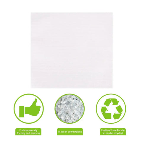 White 50 Pack 16x16 Cushion Foam Pouches With Anti Static Film for moving and packing, eco-friendly, made of polyethylene, recyclable.