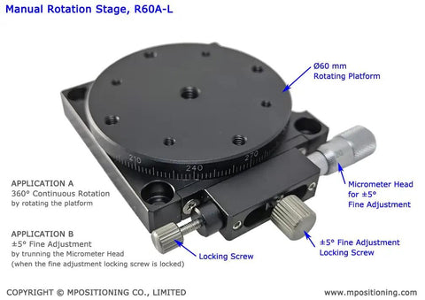 Manual Rotation Stage With 360 Degree Coarse Rotation Plus Or Minus 5 Degree Fine Lock, 1 Degree Dial Graduation, 60 mm Diameter Rotary Table, 3 Kg Load Capacity, Left Micrometer For Easy X Y Z Or XYZ Rotation Setup with 60 mm rotating platform and micrometer adjustments visible.