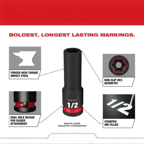Rock Solid 10 Piece Impact Socket Set For Milwaukee Drivers With Dual Hole Design And Groove To Keep Things Snug Plus Non Slip Hex Fitment That Handles Heavy Torque Jobs Without Fail. 1/2 inch forged impact steel socket