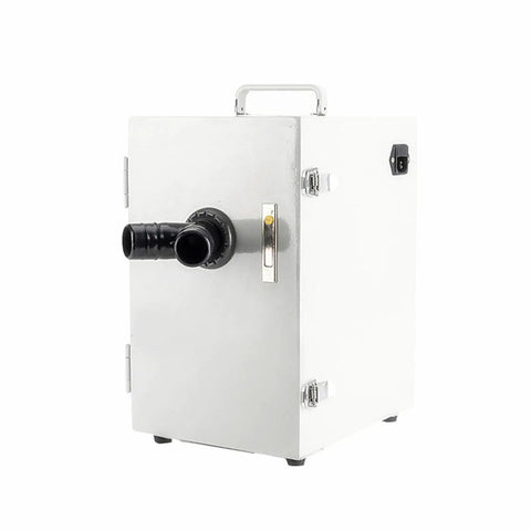 Heavy Duty 550W Dental Lab Dust Extractor With Digital Control Panel And Twin Impeller Pump showing front view and suction hose.