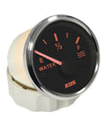 Front view of 52mm Water Level Gauge Indicator with red or yellow backlight, dash mount for 12V and 24V vehicles, black and stainless finish.