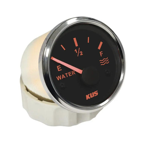Front view of 52mm Water Level Gauge Indicator with red or yellow backlight, dash mount for 12V and 24V vehicles, black and stainless finish.