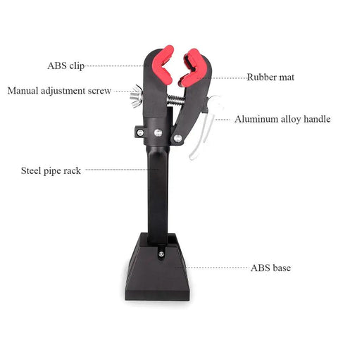 Diagram of Wall Mount Bike Repair Stand with labeled ABS clip, rubber mat, steel pipe rack, and aluminum handle.