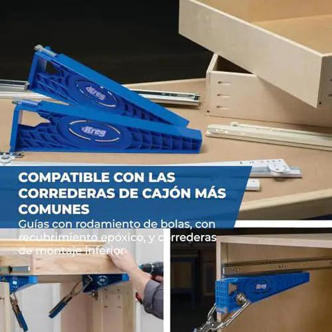 Drawer Slide Jig Kit For Cabinets, Drawers, Desks And More That Delivers Easy, Accurate Install With Built In Indexing, set on table.