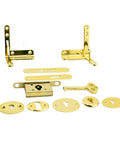 Gold components of Vintage Wood Watch Case And Jewelry Box With D Style Lock Hinge, Curved Silhouette, Easy Access Locking Jewelry Storage