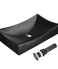 Sleek Porcelain Vessel Sink 26x15 Inches Above Counter Rectangle With Pop Up Drain Set, black ceramic modern bathroom basin