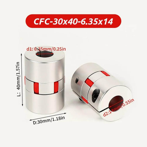 Plum Flexible Shaft Coupling 6.35mm To 14mm, 30mm Diameter, 40mm Length, Aluminum Motor Connector With Polyurethane Damping