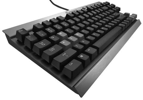 Goat Tier Compact Tenkeyless Mechanical Gaming Keyboard Featuring Cherry MX Red Switches angled view with black keys and metal frame.