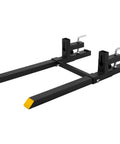 60 Inch Clamp On Pallet Forks With 4000 Lb Capacity For Bucket Loader Skid Steer, showing heavy duty forks with stabilizer bar.
