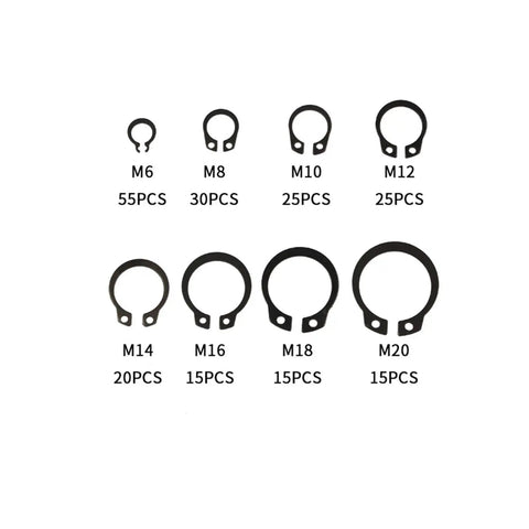 200Pcs C Clip Washers Set M6 Through M20 Internal And External Retaining Rings Carbon Steel Kit with size details