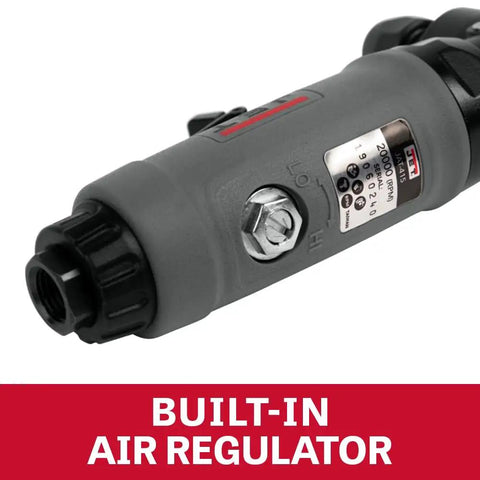 Close-up of one quarter inch right angle die grinder's built-in air regulator with composite housing and rear exhaust feature.