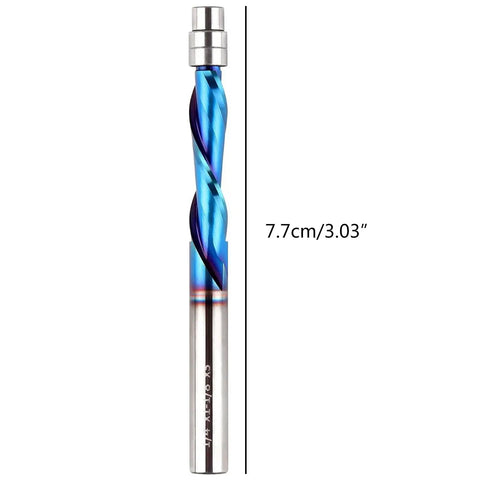 Carbide flush trim router bit measuring 7.7cm, featuring a spiral fluted design for clean cuts, optimizing woodworking precision.