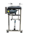 Front view of Heavy Duty 110V PVC Belt Conveyor Built Tough With Double Guardrails, featuring stainless steel frame and motor.