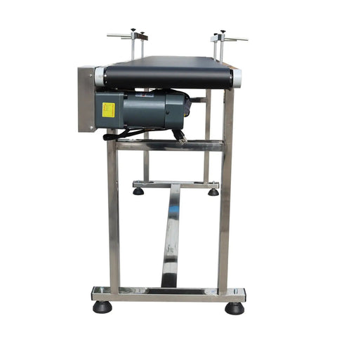 Front view of Heavy Duty 110V PVC Belt Conveyor Built Tough With Double Guardrails, featuring stainless steel frame and motor.
