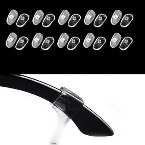 Self Repairing Glasses Kit Eyewear Maintenance Tool For Sunglasses And Eyeglasses DIY Ready Easy To Install Accessories For Quick Repairs Nose Pads And Replacement Parts displayed with clear nose pads and black eyeglass frame.