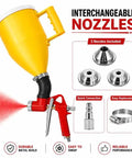 Heavy Duty Wall Texture Sprayer With Large Hopper Gun And Versatile Nozzle Tips For Drywall Ceilings Stucco And Popcorn Textures showing yellow hopper and interchangeable nozzles.