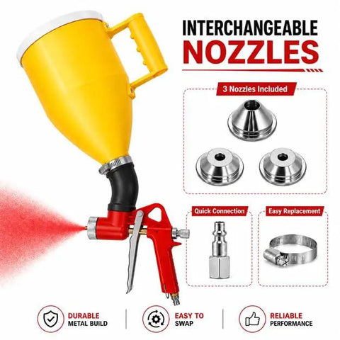 Heavy Duty Wall Texture Sprayer With Large Hopper Gun And Versatile Nozzle Tips For Drywall Ceilings Stucco And Popcorn Textures showing yellow hopper and interchangeable nozzles.