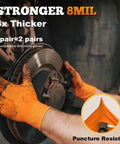 Orange nitrile mechanic gloves, 8-mil, powder-free with raised diamond texture grip, front view on brake rotor