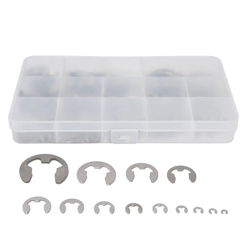 400 Pieces Stainless Steel E Clip Retaining Assortment Kit With Sizes From 1.5mm To 15mm For Bearings Gears Pulleys And Transmission Shafts In Pro Grade Durable Organized Storage Box in view