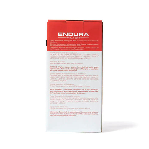 Endura Upright Vacuum Filter Replacement Reusable Style F112 packaging with product usage instructions visible.