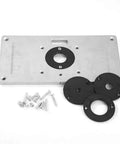 Pro Level Woodworking Router Table Insert Plate With Quick Flip Panel And Heavy Duty Drill Chuck Trim Tool Kit showing steel plate, black rings, and screws.