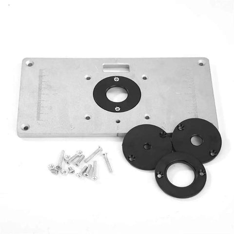 Pro Level Woodworking Router Table Insert Plate With Quick Flip Panel And Heavy Duty Drill Chuck Trim Tool Kit showing steel plate, black rings, and screws.