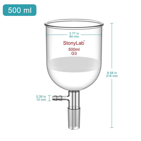 Borosilicate Glass Buchner Filtering Funnel With Fine Frit G3 94mm ID 100mm Depth 24/40 Standard Taper Inner Joint Vacuum Serrated Tubulation 500ml Capacity For The Tough-To-Filter Chems And Everyday Lab Grind, showing dimensions and 500ml capacity.