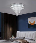 Bedroom with 19.6 Inch Crystal Chandelier LED Ceiling Light, flush mount, cool white glow, modern decor accent above bed.