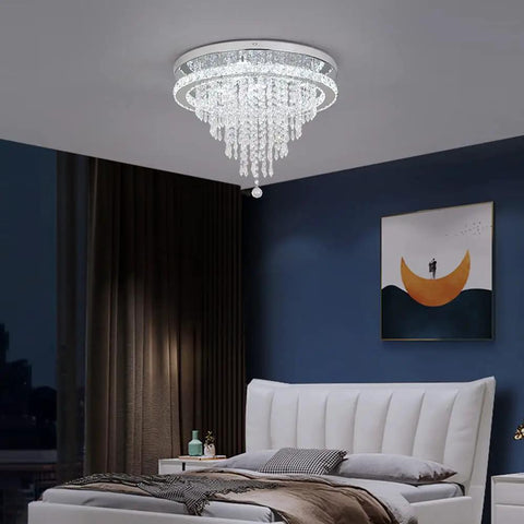 Bedroom with 19.6 Inch Crystal Chandelier LED Ceiling Light, flush mount, cool white glow, modern decor accent above bed.