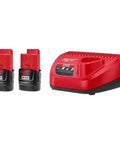 2-Pack M12 RedLithium 2.0 Compact 12V Batteries and M12 Lithium-Ion Battery Charger Kit for power tools on white background