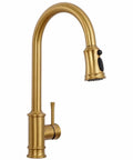 Gold Brushed Nickel Kitchen Faucet with Pull Down Sprayer, 3 Mode Sprayer showing sleek design and ergonomic handle.