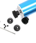 32P Pinion Gear Set 5Mm 32 Pitch 19T 20T 21T 22T RC Parts with hex key, black metal pinions, and motor setup for RC cars and trucks.