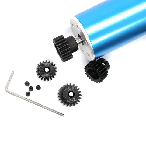 32P Pinion Gear Set 5Mm 32 Pitch 19T 20T 21T 22T RC Parts with hex key, black metal pinions, and motor setup for RC cars and trucks.