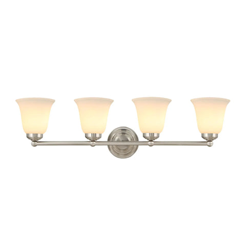 Four Light Bathroom Vanity Light With Satin Nickel Finish And Frosted Glass Shades, 30.5 Inch Wide, 6 Inch High, 8.25 Inch Deep